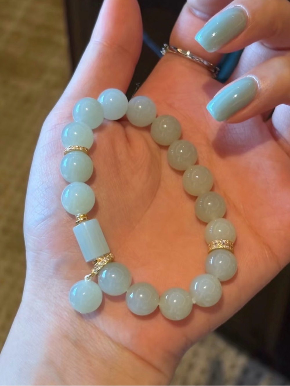 Natural Nephrite Jade He Tian Yu Light Green Round Stone Beaded Stretch Bracelet